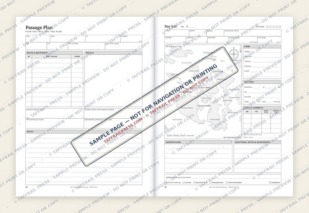 San Juan Islands Sailing Log — Interior preview 4: Two-page open log spread (watermarked sample)