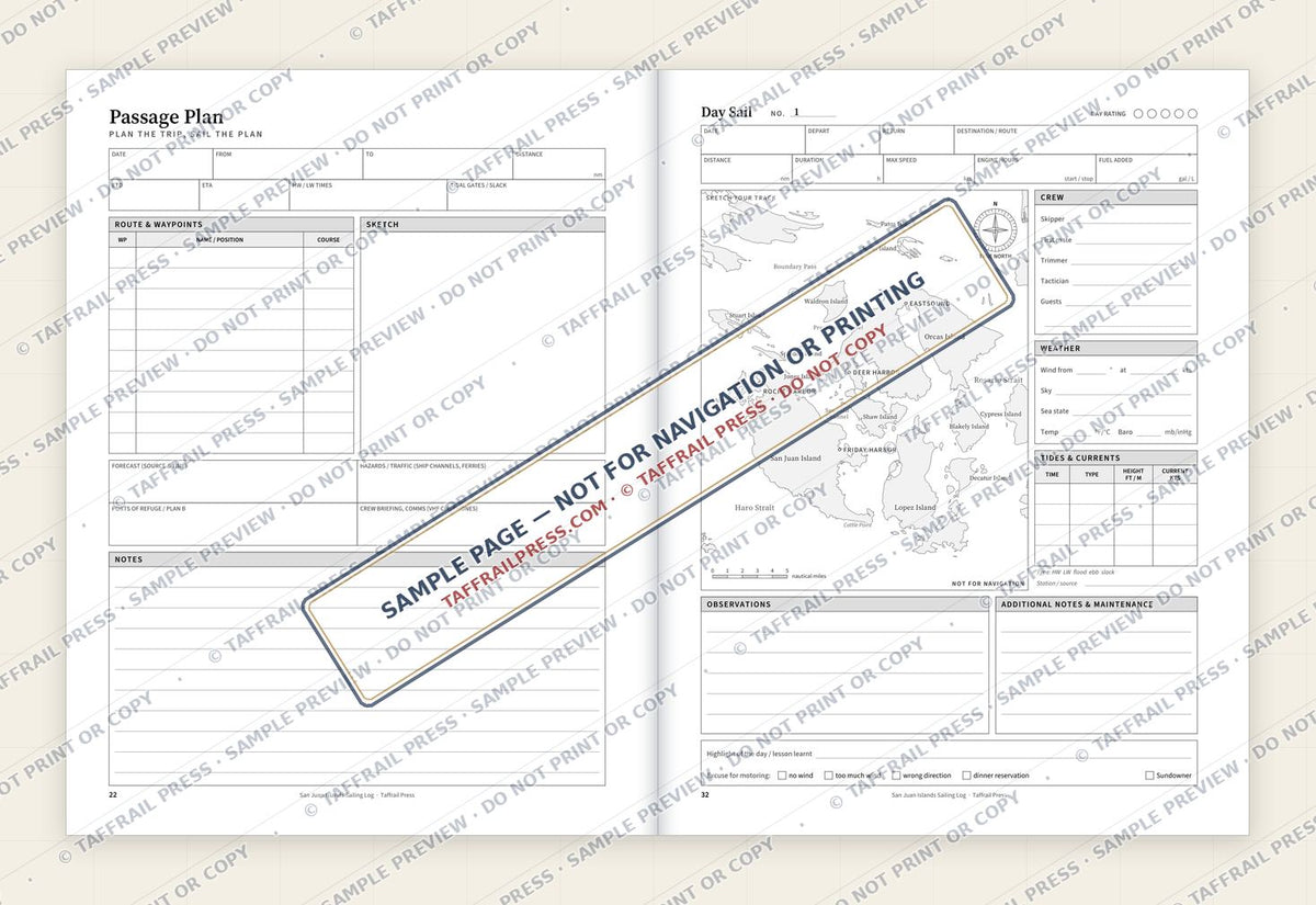 San Juan Islands Sailing Log — Interior preview 4: Two-page open log spread (watermarked sample)