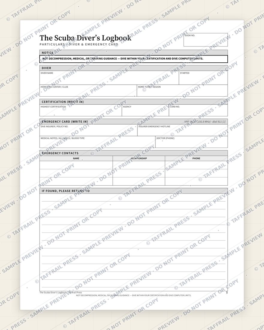 The Scuba Diver’s Logbook — Interior preview 1: Vessel & crew particulars (watermarked sample)