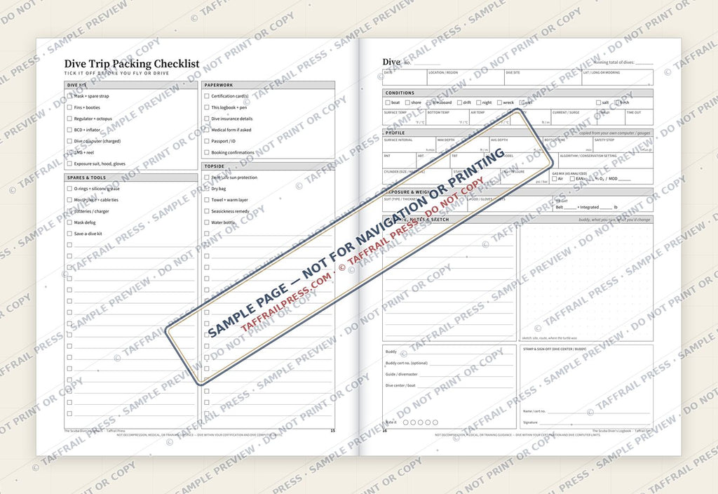 The Scuba Diver’s Logbook — Interior preview 4: Two-page open log spread (watermarked sample)