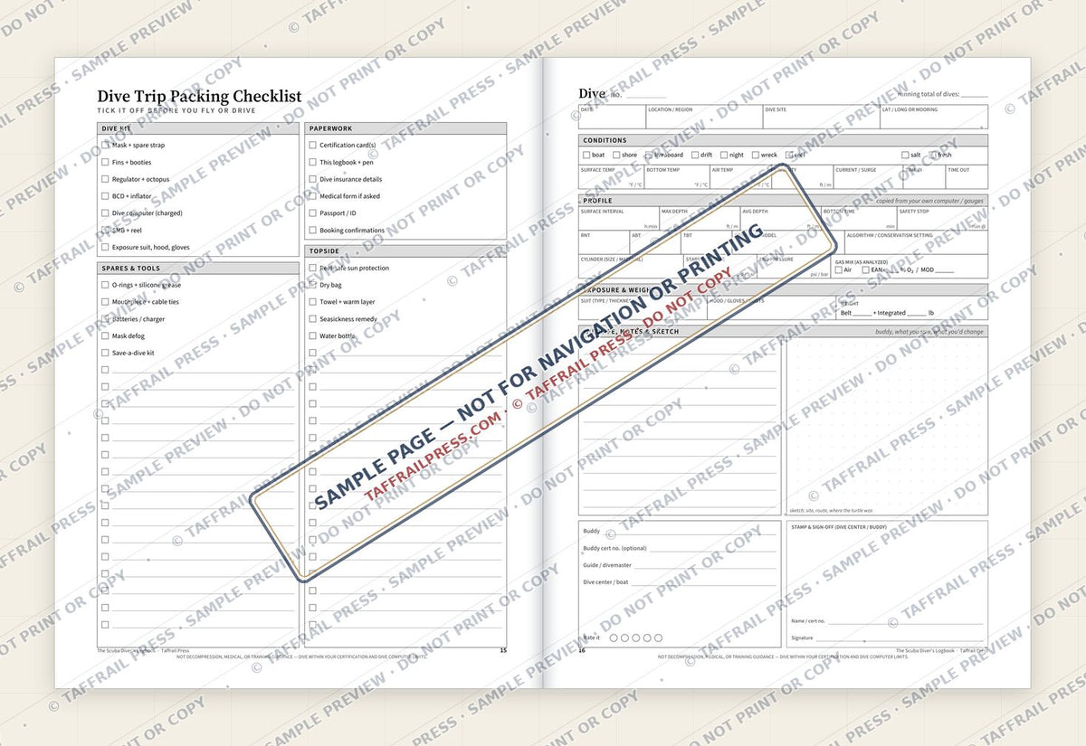 The Scuba Diver’s Logbook — Interior preview 4: Two-page open log spread (watermarked sample)