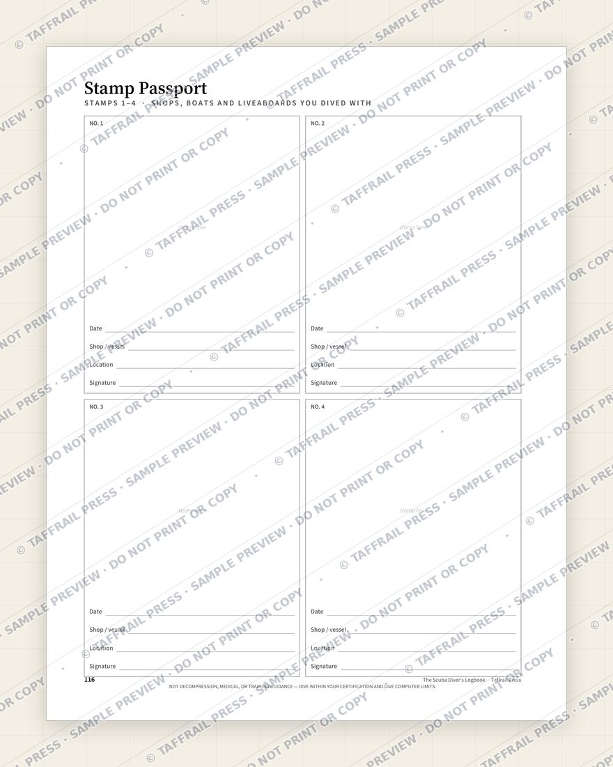 The Scuba Diver’s Logbook — Interior preview 6: Regional reference tables & directory (watermarked sample)