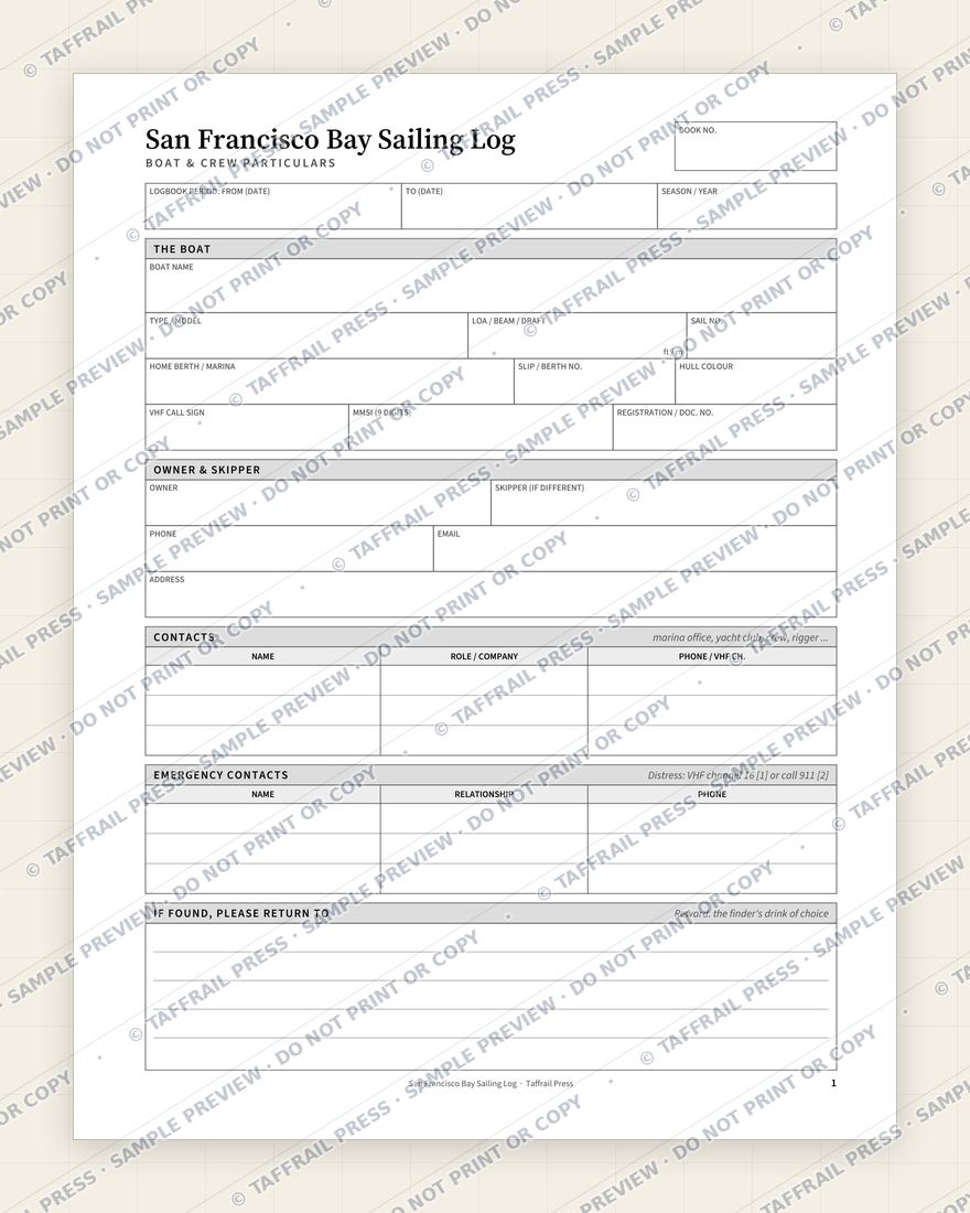 San Francisco Bay Sailing Log — Interior preview 1: Vessel & crew particulars (watermarked sample)