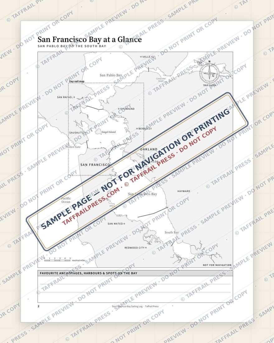 San Francisco Bay Sailing Log — Interior preview 2: Regional overview map & contents (watermarked sample)