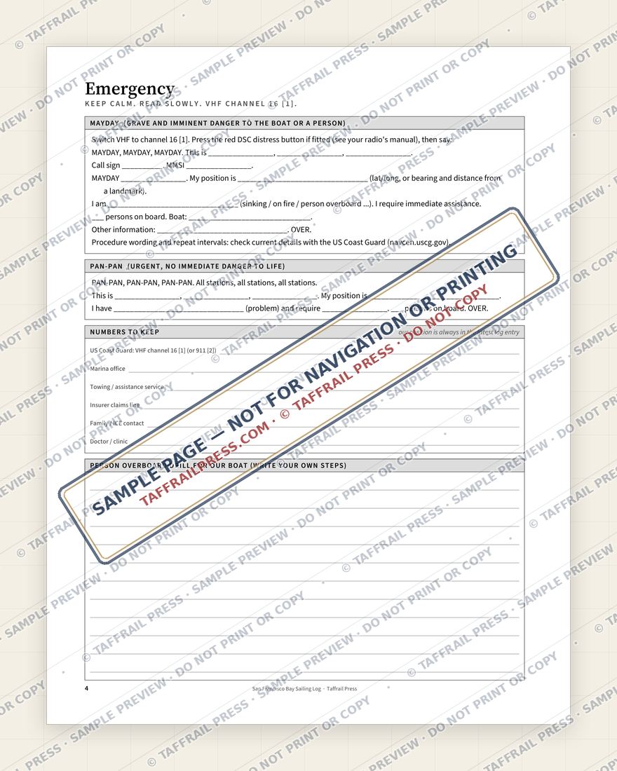 San Francisco Bay Sailing Log — Interior preview 3: Safety, emergency & pre-departure (watermarked sample)