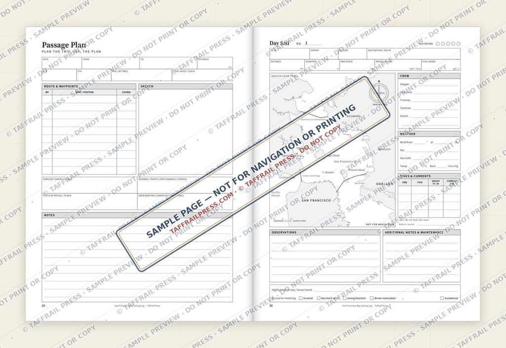 San Francisco Bay Sailing Log — Interior preview 4: Two-page open log spread (watermarked sample)