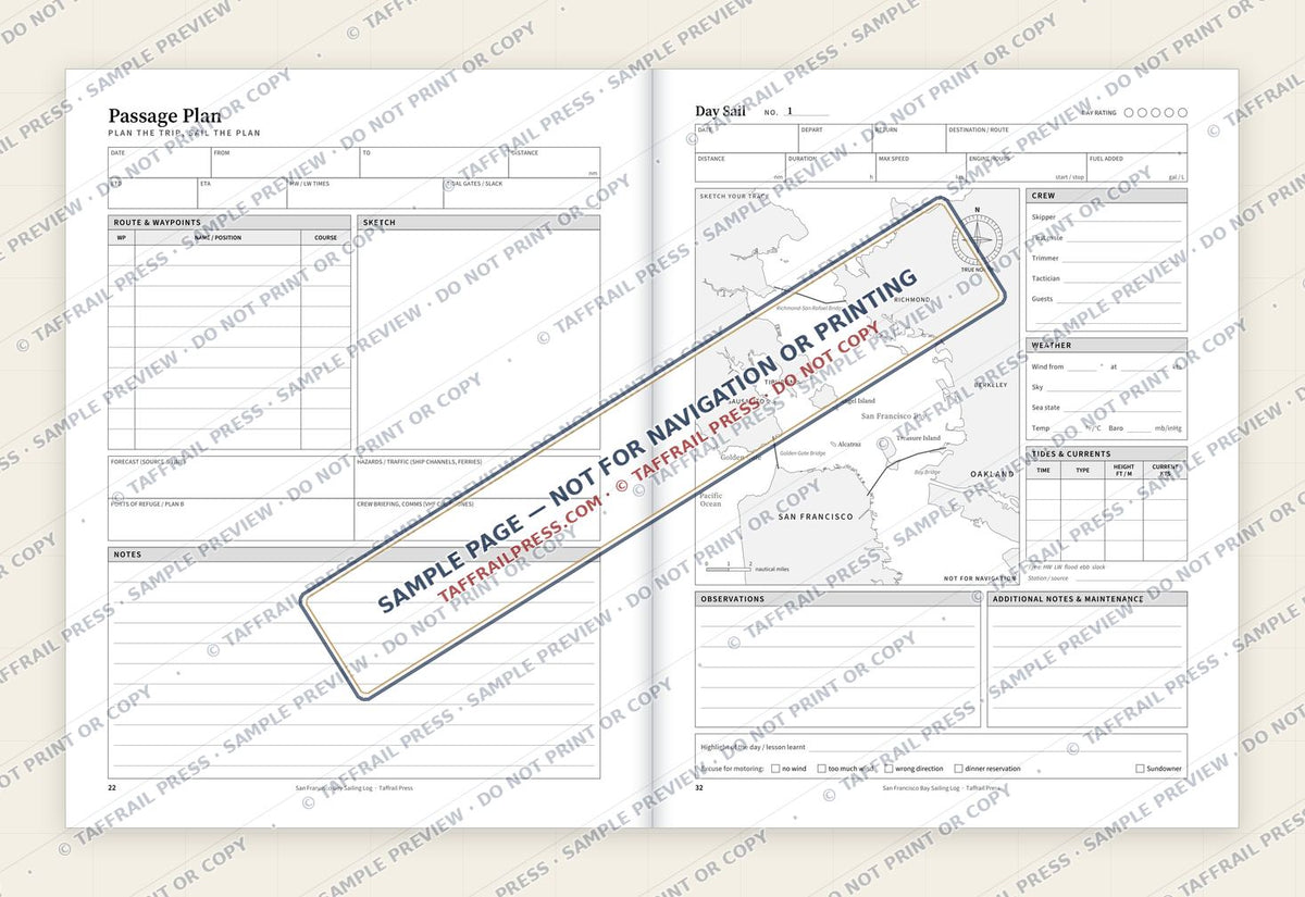 San Francisco Bay Sailing Log — Interior preview 4: Two-page open log spread (watermarked sample)