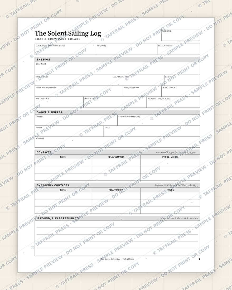 The Solent Sailing Log — Interior preview 1: Vessel & crew particulars (watermarked sample)