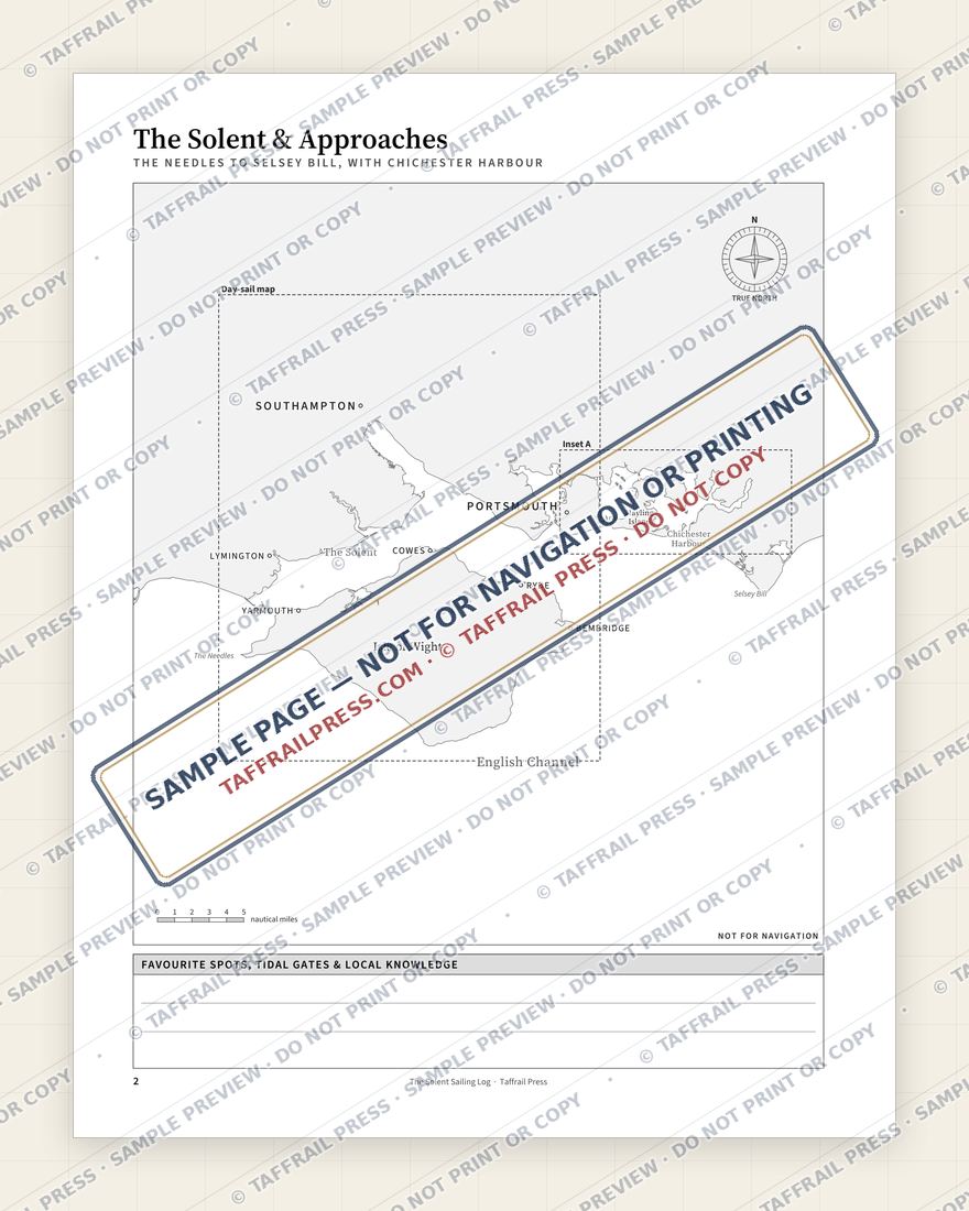 The Solent Sailing Log — Interior preview 2: Regional overview map & contents (watermarked sample)