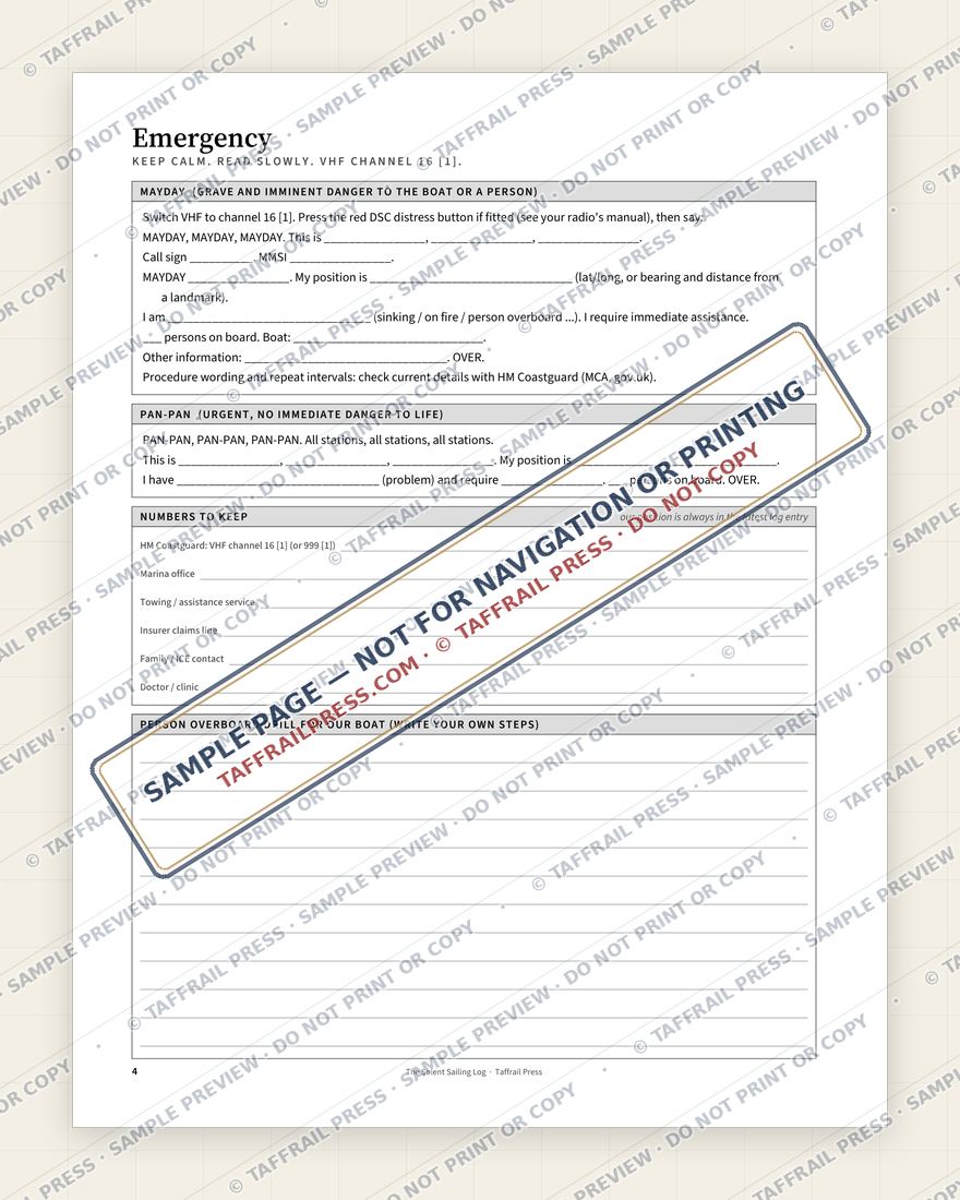 The Solent Sailing Log — Interior preview 3: Safety, emergency & pre-departure (watermarked sample)