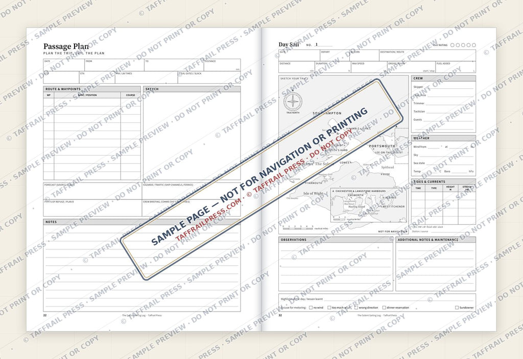 The Solent Sailing Log — Interior preview 4: Two-page open log spread (watermarked sample)