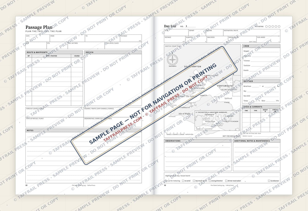 The Solent Sailing Log — Interior preview 4: Two-page open log spread (watermarked sample)