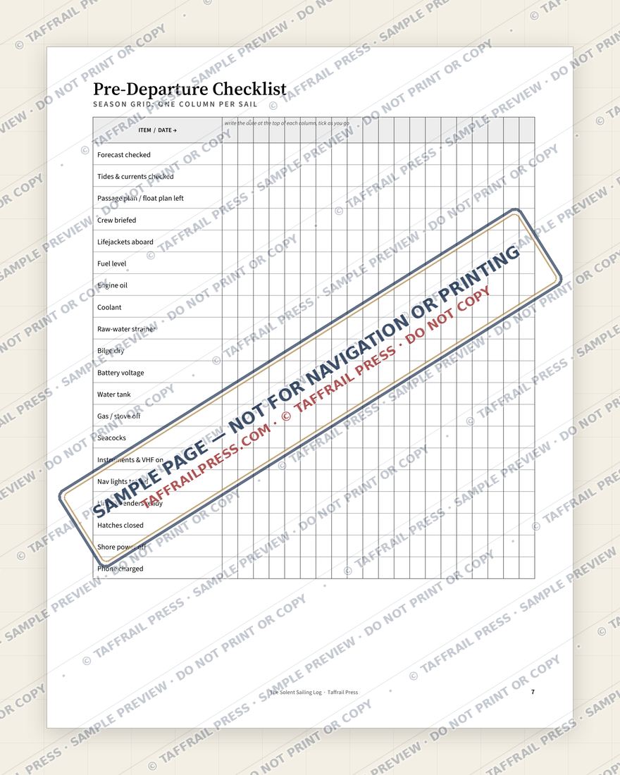 The Solent Sailing Log — Interior preview 5: Checklists, readiness & planning (watermarked sample)