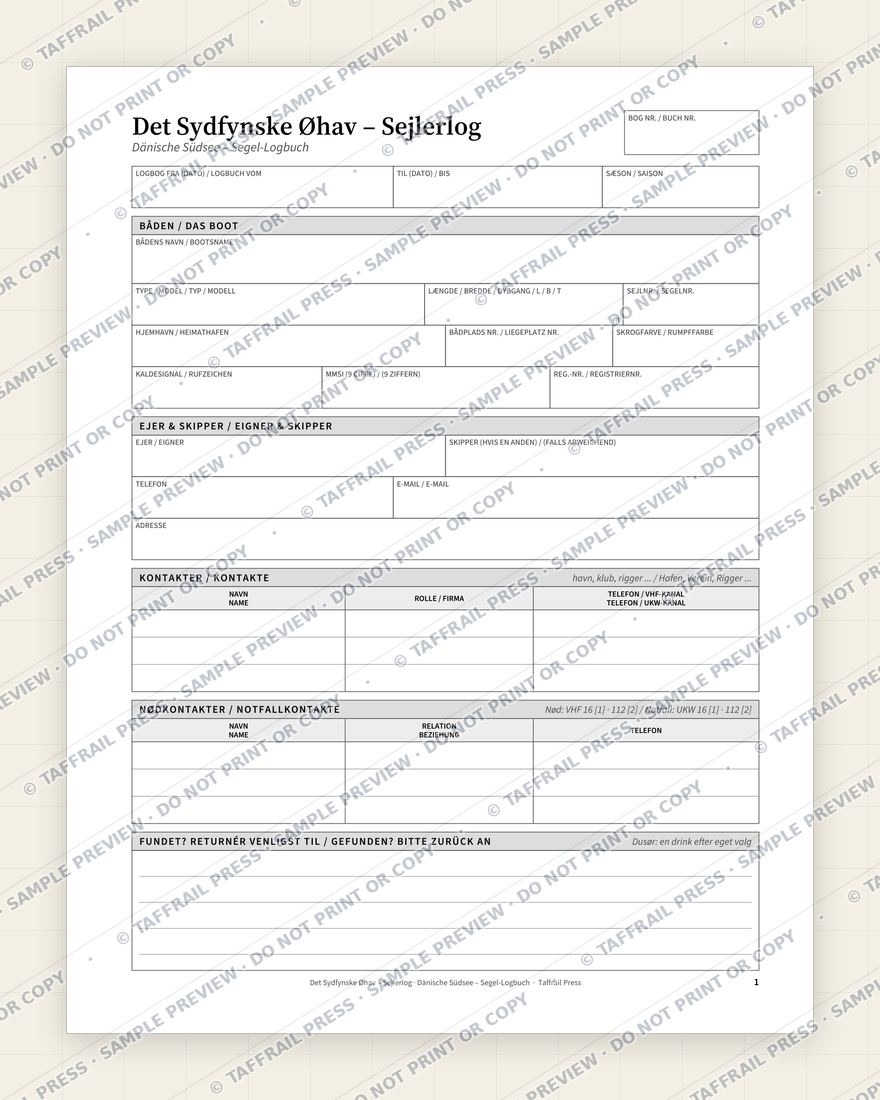 Det Sydfynske Øhav – Sejlerlog — Interior preview 1: Vessel & crew particulars (watermarked sample)