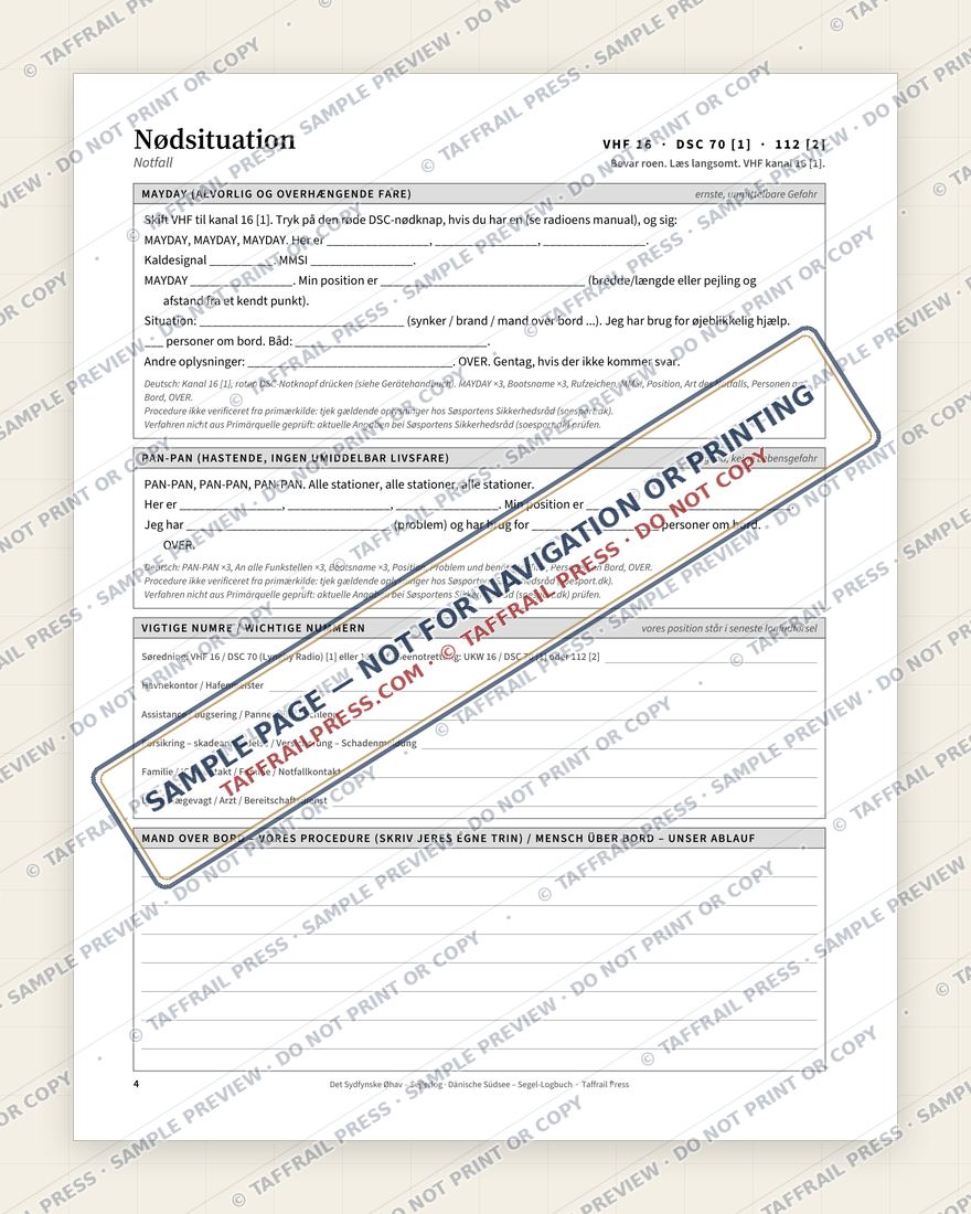 Det Sydfynske Øhav – Sejlerlog — Interior preview 3: Safety, emergency & pre-departure (watermarked sample)