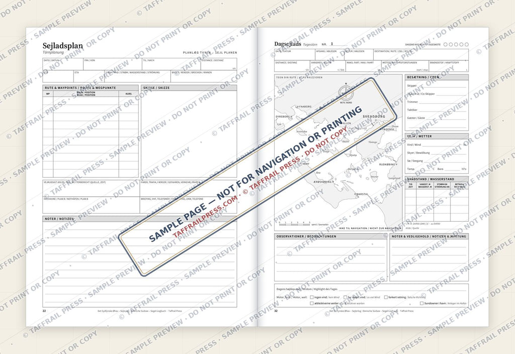 Det Sydfynske Øhav – Sejlerlog — Interior preview 4: Two-page open log spread (watermarked sample)