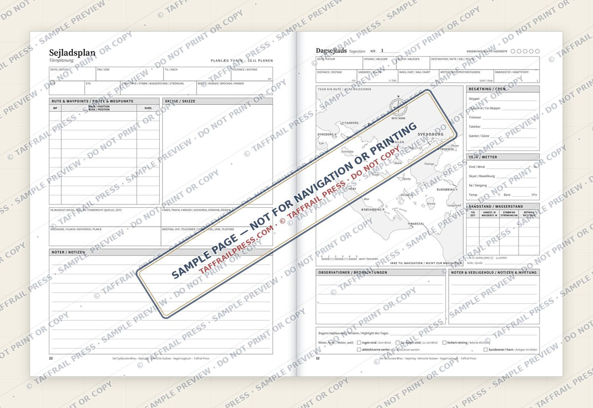 Det Sydfynske Øhav – Sejlerlog — Interior preview 4: Two-page open log spread (watermarked sample)
