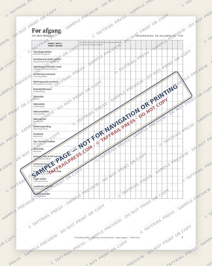Det Sydfynske Øhav – Sejlerlog — Interior preview 5: Checklists, readiness & planning (watermarked sample)