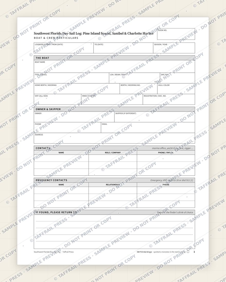 Southwest Florida Day-Sail Log: Pine Island Sound, Sanibel & Charlotte Harbor — Interior preview 1: Vessel & crew particulars (watermarked sample)
