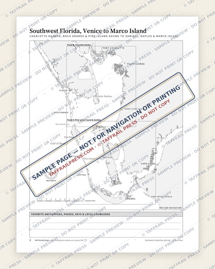 Southwest Florida Day-Sail Log: Pine Island Sound, Sanibel & Charlotte Harbor — Interior preview 2: Regional overview map & contents (watermarked sample)