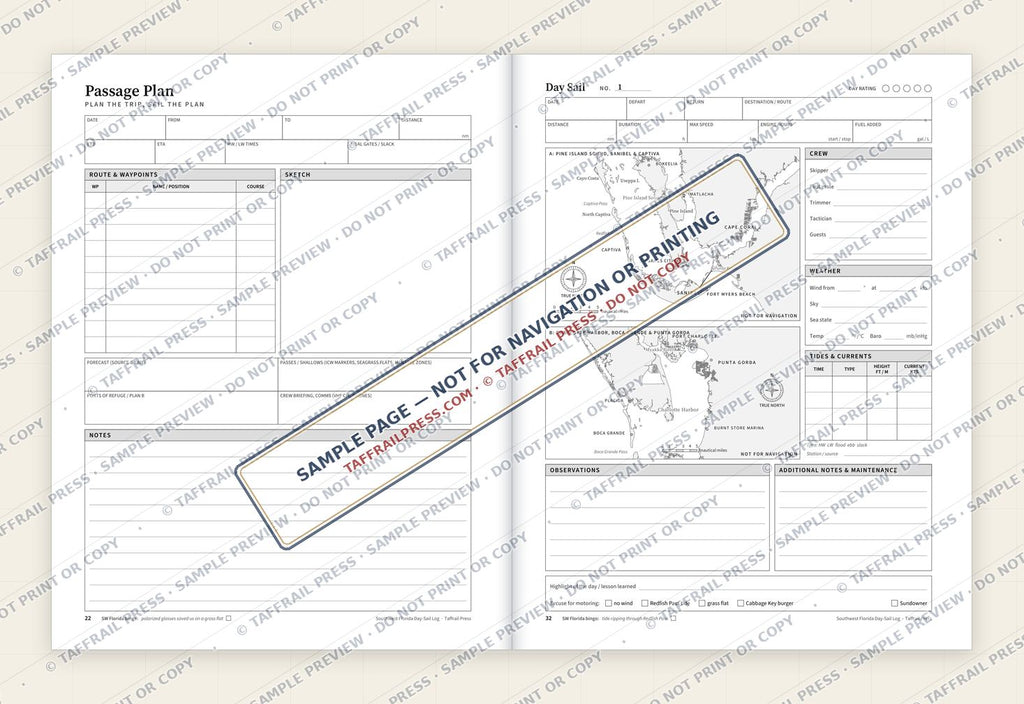 Southwest Florida Day-Sail Log: Pine Island Sound, Sanibel & Charlotte Harbor — Interior preview 4: Two-page open log spread (watermarked sample)