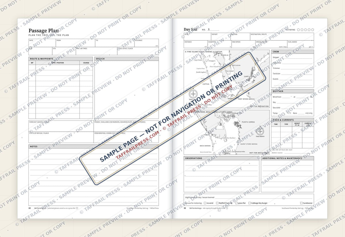 Southwest Florida Day-Sail Log: Pine Island Sound, Sanibel & Charlotte Harbor — Interior preview 4: Two-page open log spread (watermarked sample)