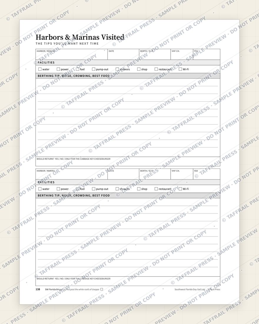 Southwest Florida Day-Sail Log: Pine Island Sound, Sanibel & Charlotte Harbor — Interior preview 6: Regional reference tables & directory (watermarked sample)