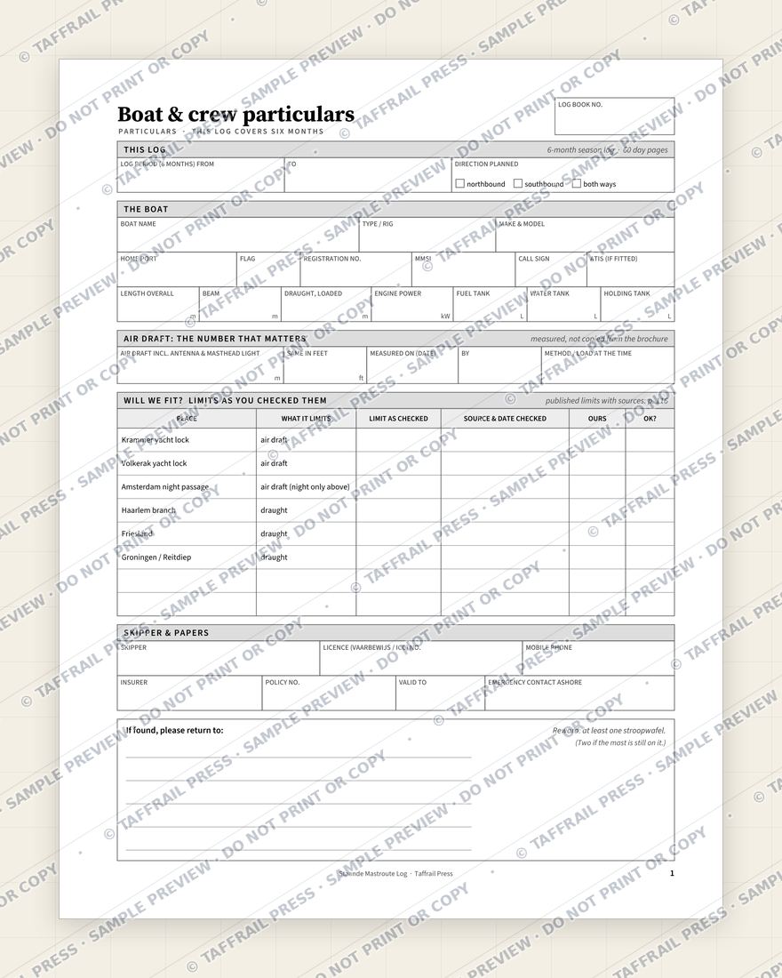 Staande Mastroute Log — Interior preview 1: Vessel & crew particulars (watermarked sample)