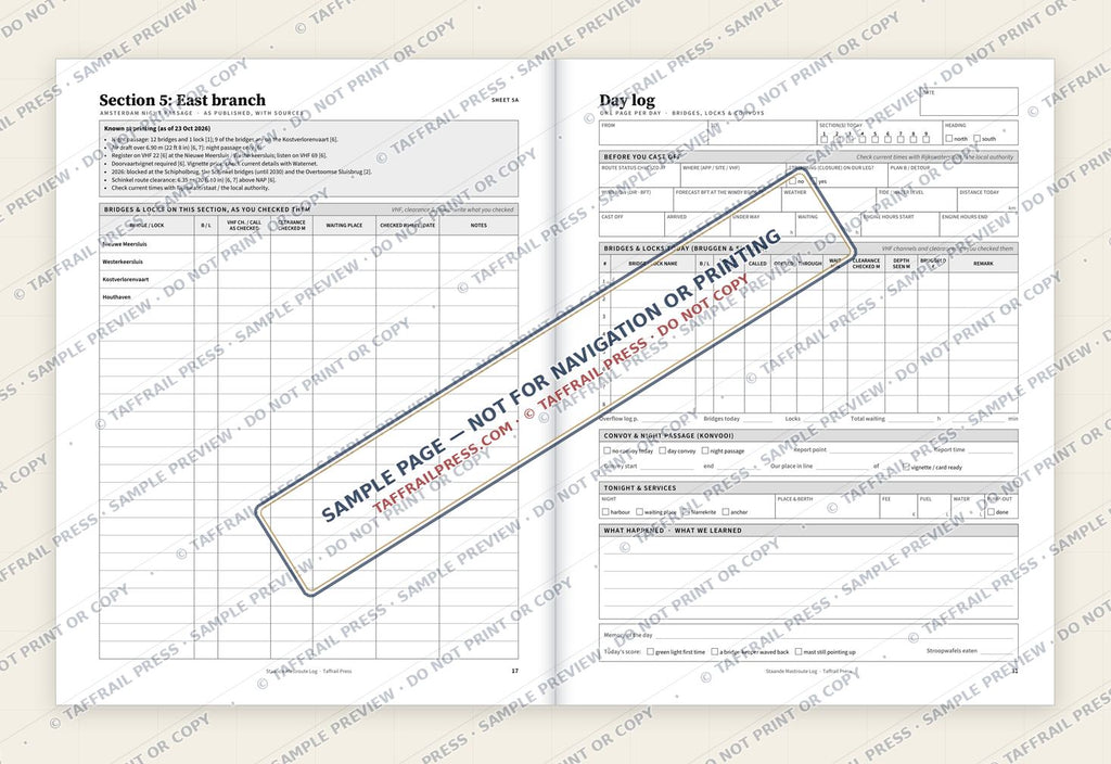 Staande Mastroute Log — Interior preview 4: Two-page open log spread (watermarked sample)