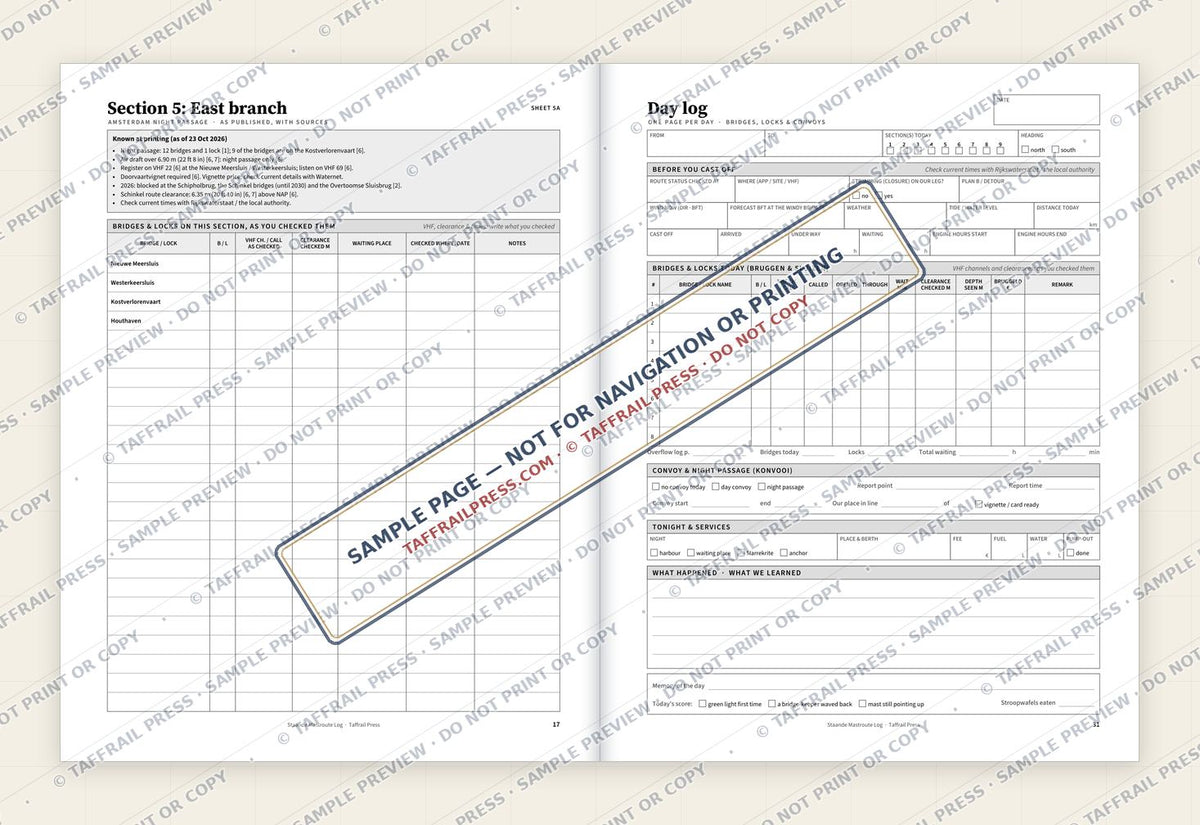Staande Mastroute Log — Interior preview 4: Two-page open log spread (watermarked sample)