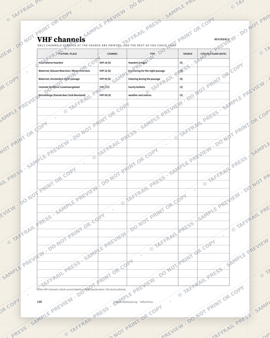 Staande Mastroute Log — Interior preview 6: Regional reference tables & directory (watermarked sample)