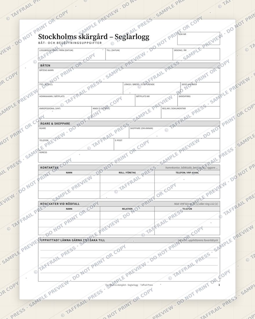 Stockholms skärgård – Seglarlogg — Interior preview 1: Vessel & crew particulars (watermarked sample)