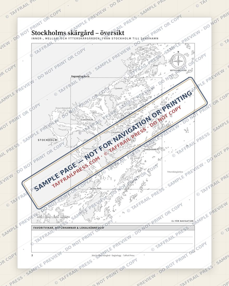 Stockholms skärgård – Seglarlogg — Interior preview 2: Regional overview map & contents (watermarked sample)