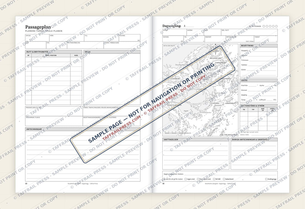 Stockholms skärgård – Seglarlogg — Interior preview 4: Two-page open log spread (watermarked sample)