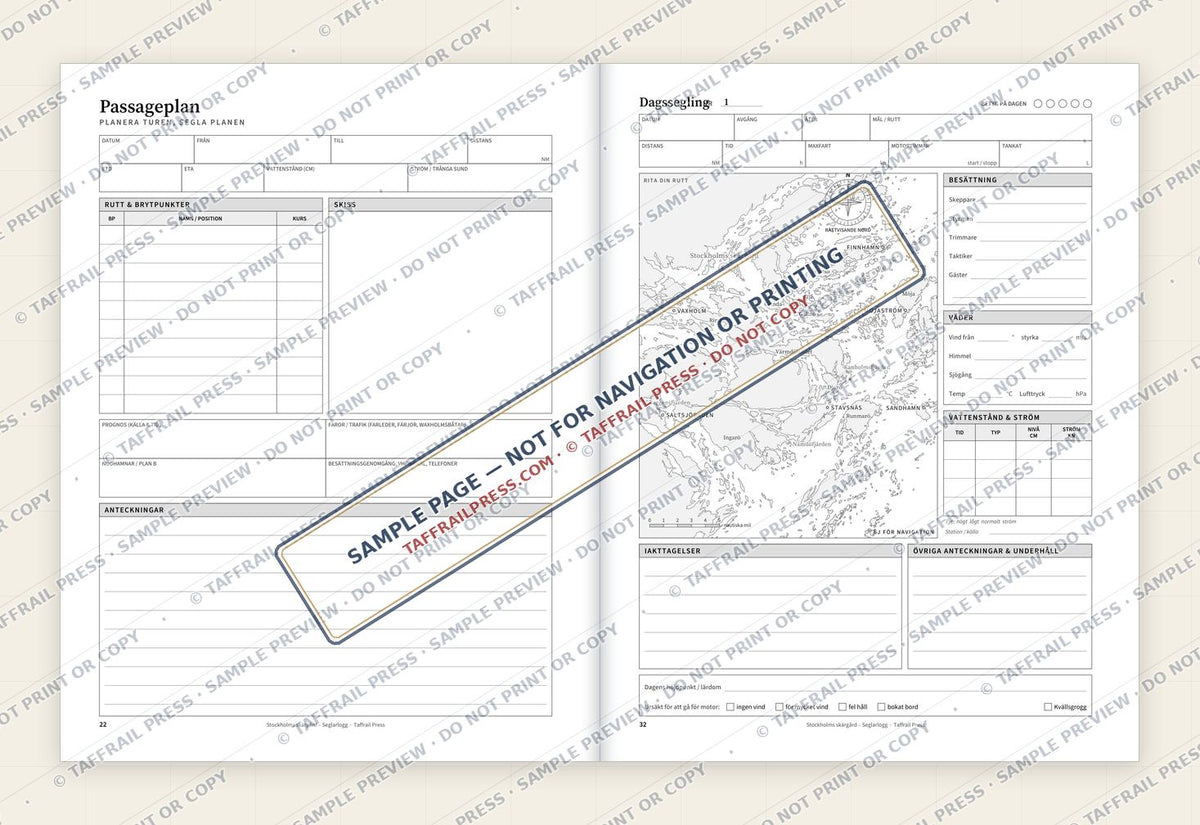 Stockholms skärgård – Seglarlogg — Interior preview 4: Two-page open log spread (watermarked sample)