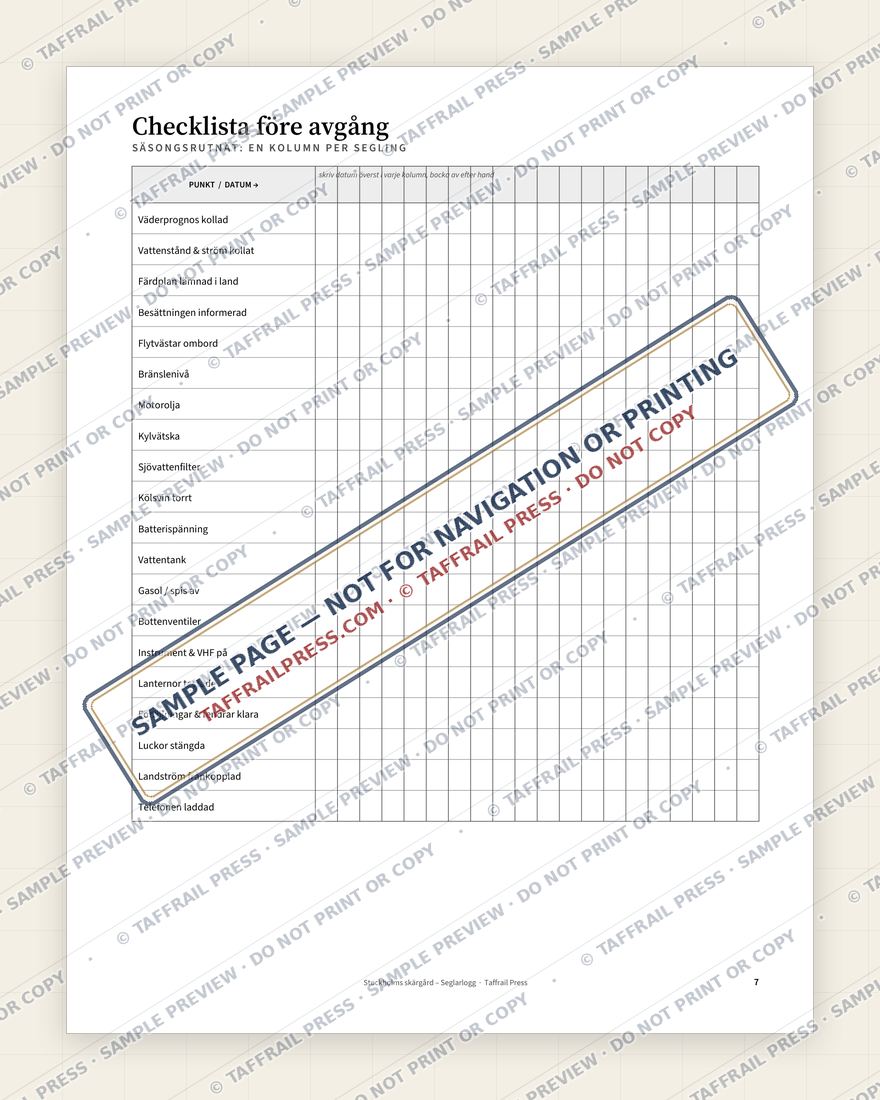 Stockholms skärgård – Seglarlogg — Interior preview 5: Checklists, readiness & planning (watermarked sample)