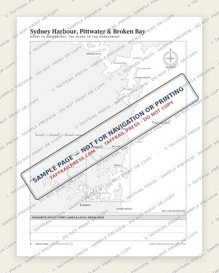 Sydney Harbour Day-Sail Log — Interior preview 2: Regional overview map & contents (watermarked sample)
