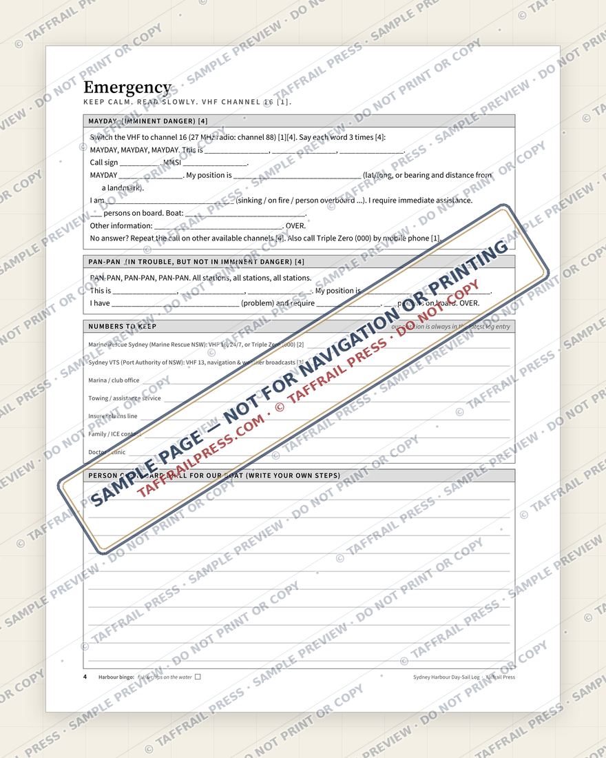 Sydney Harbour Day-Sail Log — Interior preview 3: Safety, emergency & pre-departure (watermarked sample)