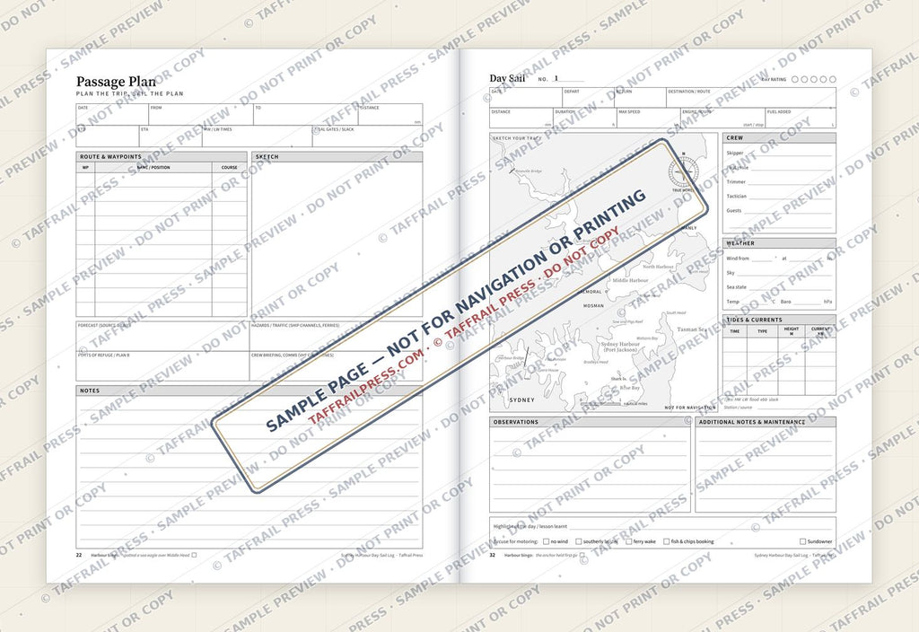 Sydney Harbour Day-Sail Log — Interior preview 4: Two-page open log spread (watermarked sample)