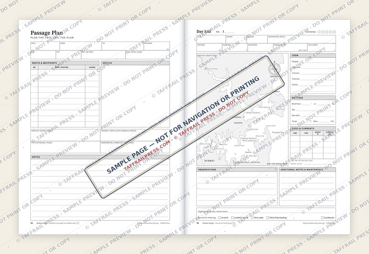 Sydney Harbour Day-Sail Log — Interior preview 4: Two-page open log spread (watermarked sample)