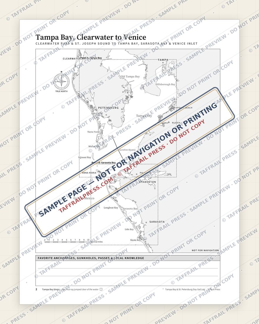 Tampa Bay & St. Petersburg Day-Sail Log — Interior preview 2: Regional overview map & contents (watermarked sample)