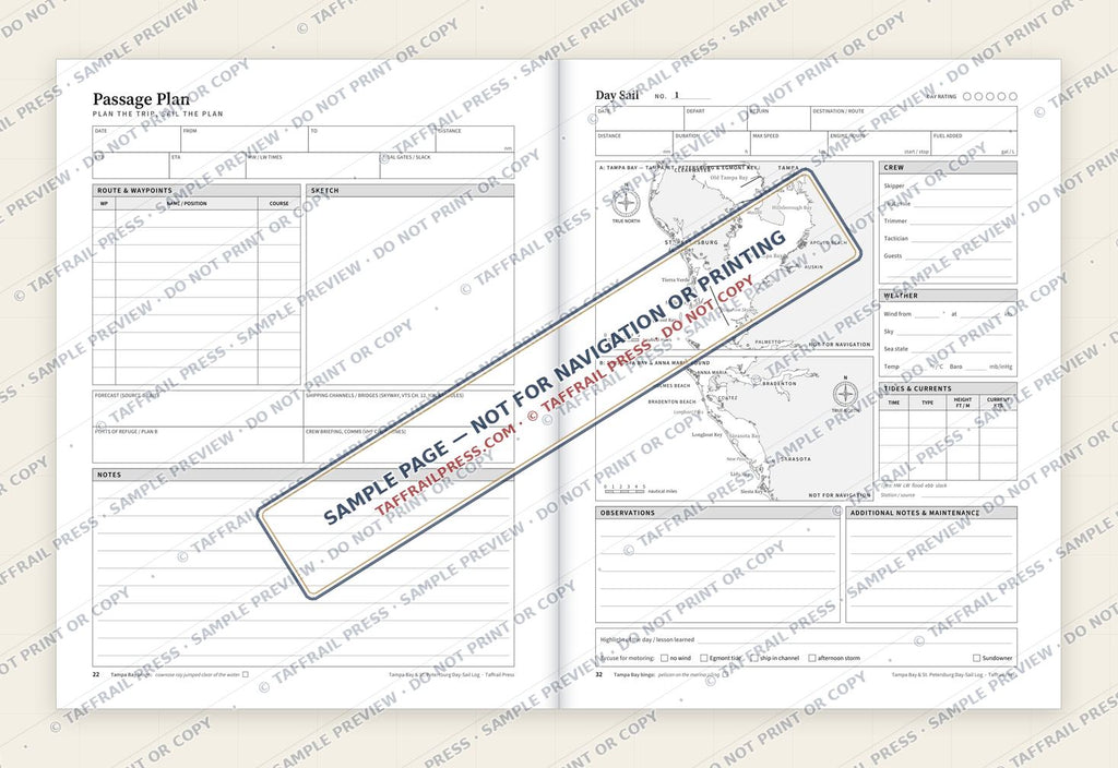 Tampa Bay & St. Petersburg Day-Sail Log — Interior preview 4: Two-page open log spread (watermarked sample)