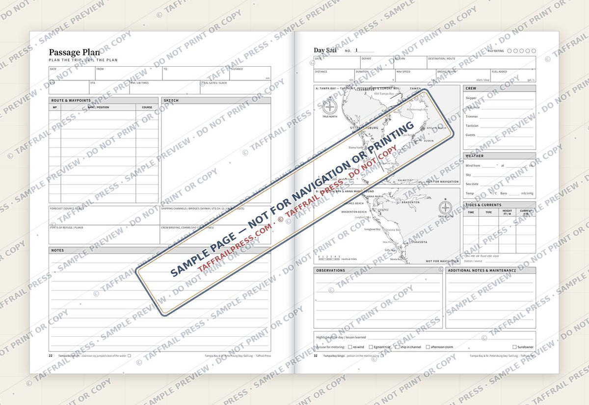 Tampa Bay & St. Petersburg Day-Sail Log — Interior preview 4: Two-page open log spread (watermarked sample)