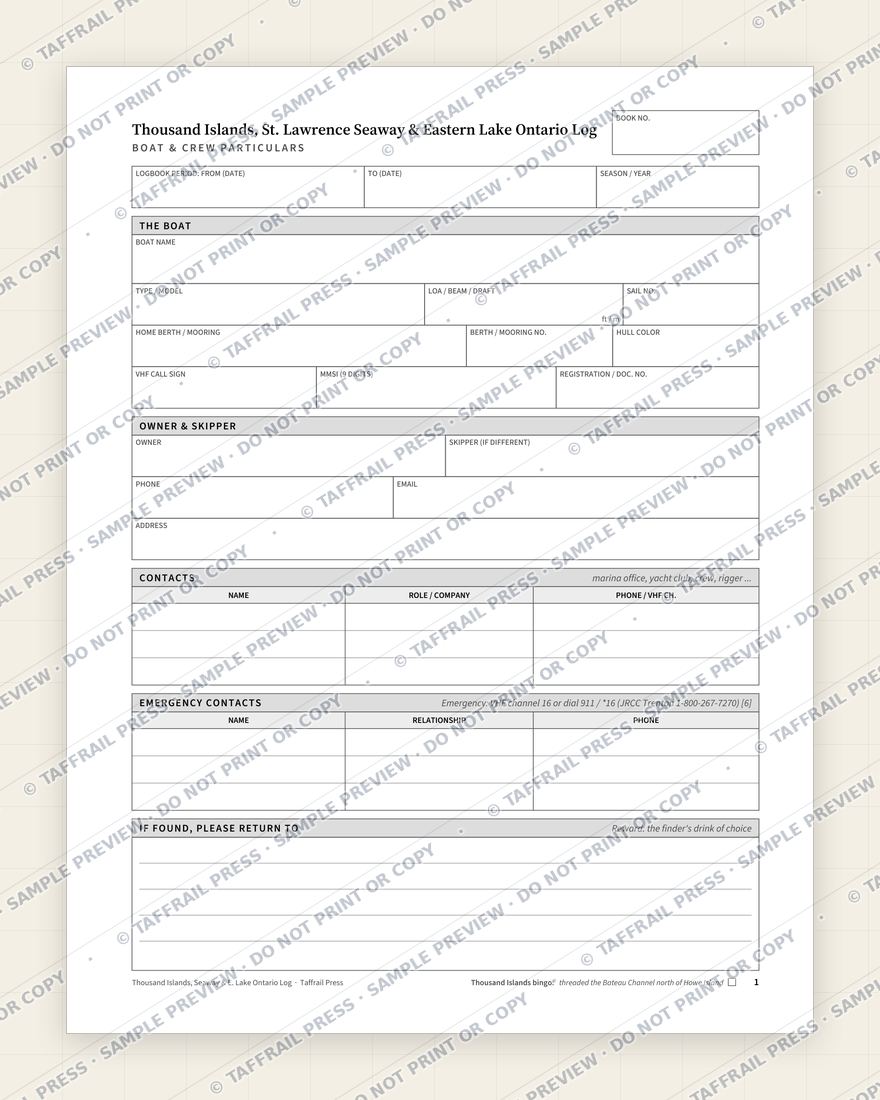 Thousand Islands, St. Lawrence Seaway & Eastern Lake Ontario Log — Interior preview 1: Vessel & crew particulars (watermarked sample)