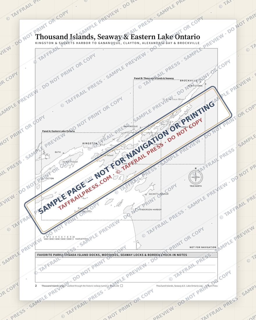Thousand Islands, St. Lawrence Seaway & Eastern Lake Ontario Log — Interior preview 2: Regional overview map & contents (watermarked sample)