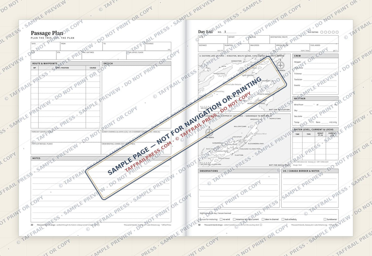 Thousand Islands, St. Lawrence Seaway & Eastern Lake Ontario Log — Interior preview 4: Two-page open log spread (watermarked sample)