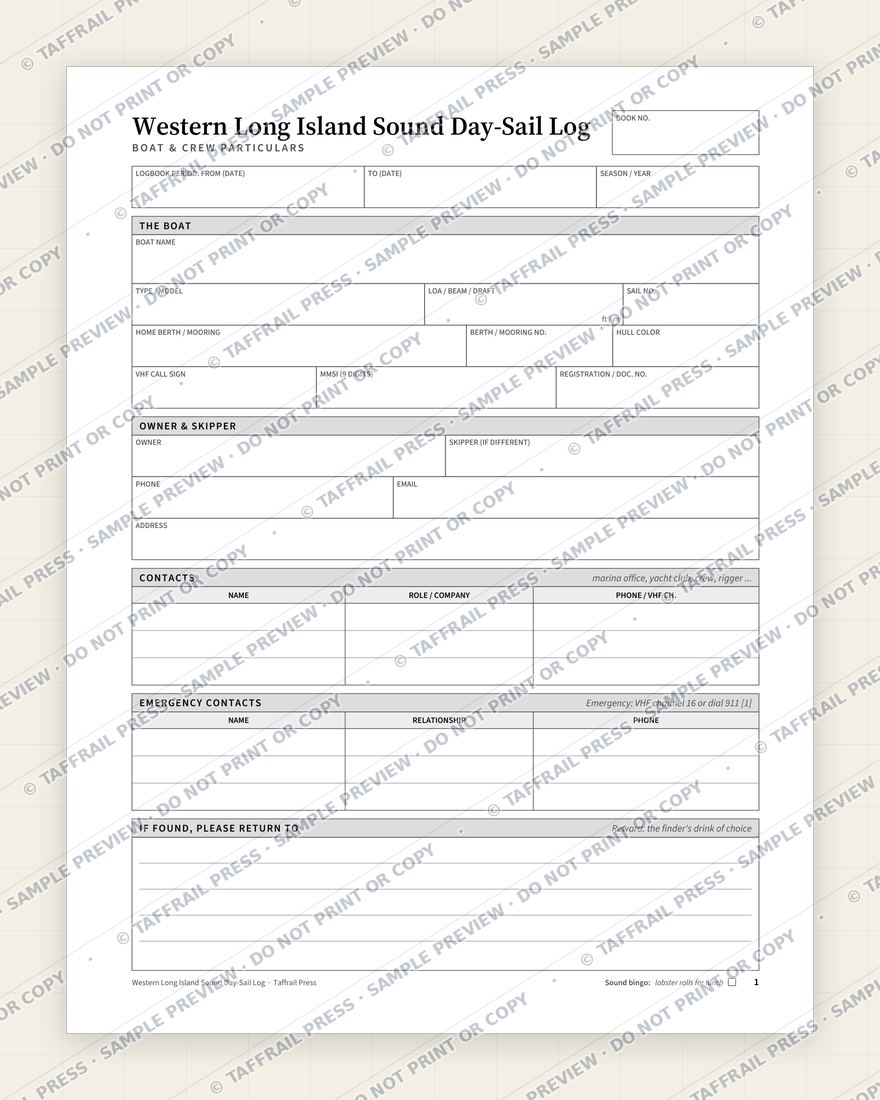 Western Long Island Sound Day-Sail Log — Interior preview 1: Vessel & crew particulars (watermarked sample)