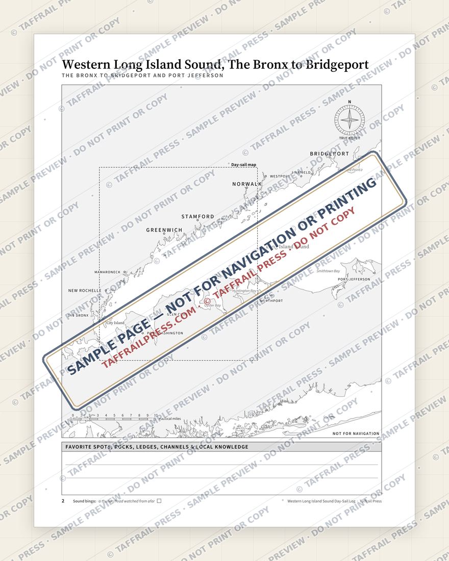 Western Long Island Sound Day-Sail Log — Interior preview 2: Regional overview map & contents (watermarked sample)