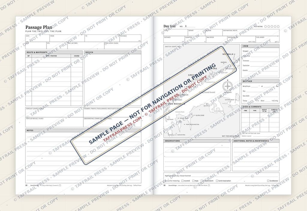 Western Long Island Sound Day-Sail Log — Interior preview 4: Two-page open log spread (watermarked sample)