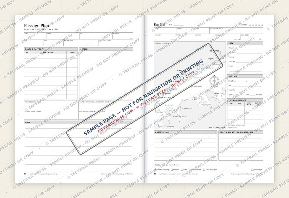 Western Long Island Sound Day-Sail Log — Interior preview 4: Two-page open log spread (watermarked sample)